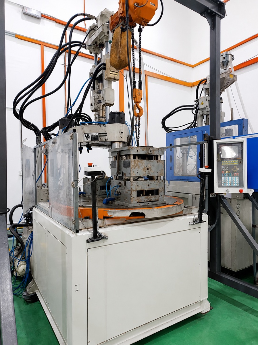 Vertical injection molding machine with rotary mold table